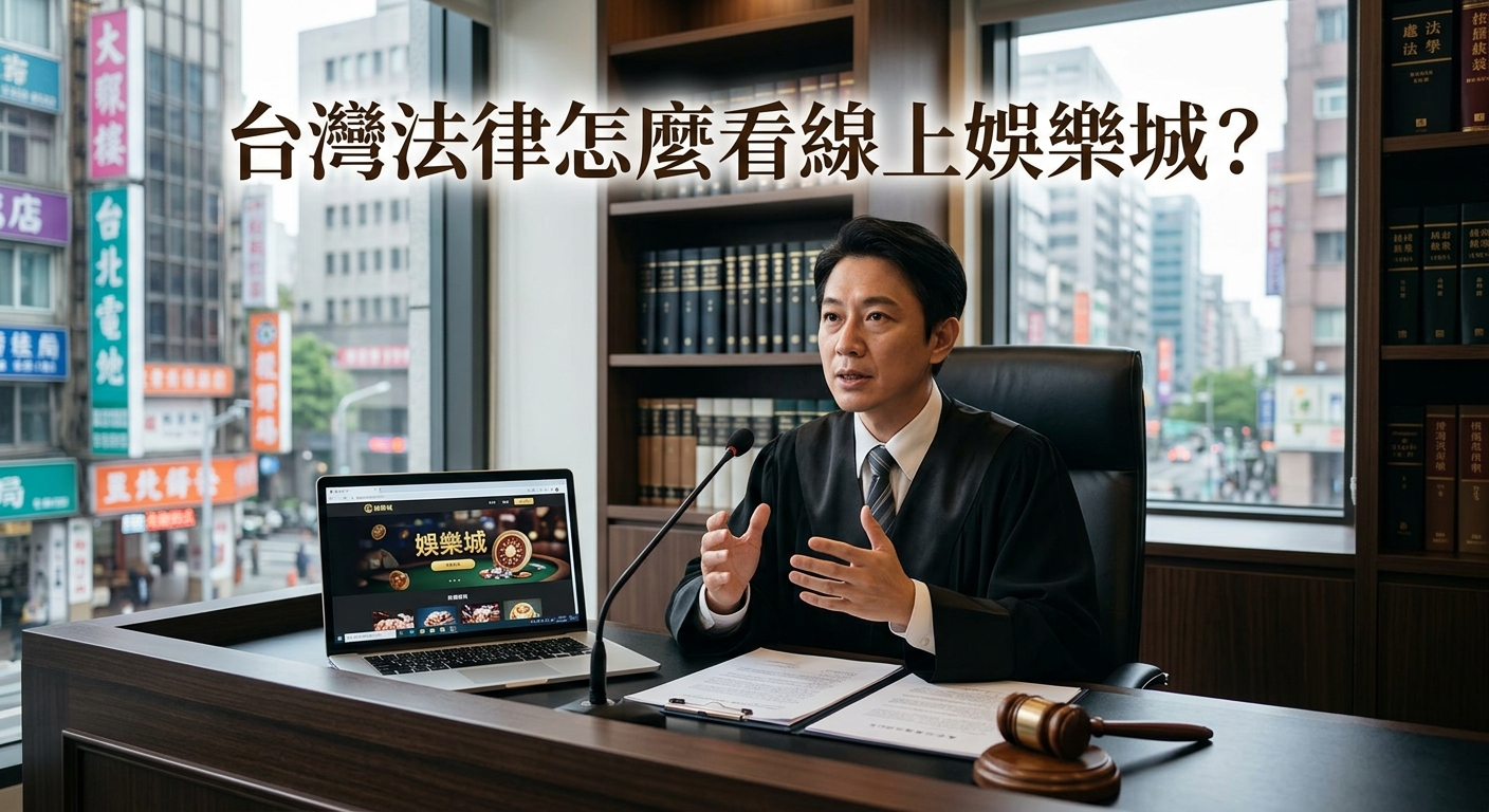 這張圖片展示了一位坐在辦公桌前的律師，桌面放置著展示線上娛樂城網站的筆記型電腦與法官槌。 畫面上方印有標題「台灣法律怎麼看線上娛樂城？」，背景則結合了法律書籍與台灣繁忙的城市街景。
