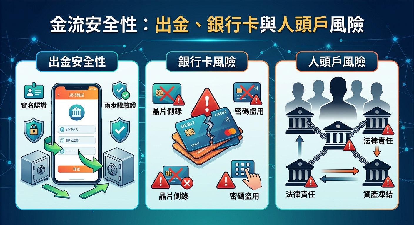 這張圖片是一個以藍色系科技背景為基底的「金流安全性」資訊圖表，主題聚焦於出金流程、銀行卡安全與人頭戶風險。 畫面分為三大塊，結合手機交易介面、破裂銀行卡及警示標示等圖示，直觀展示金融操作中的安全防護與潛在法律風險。
